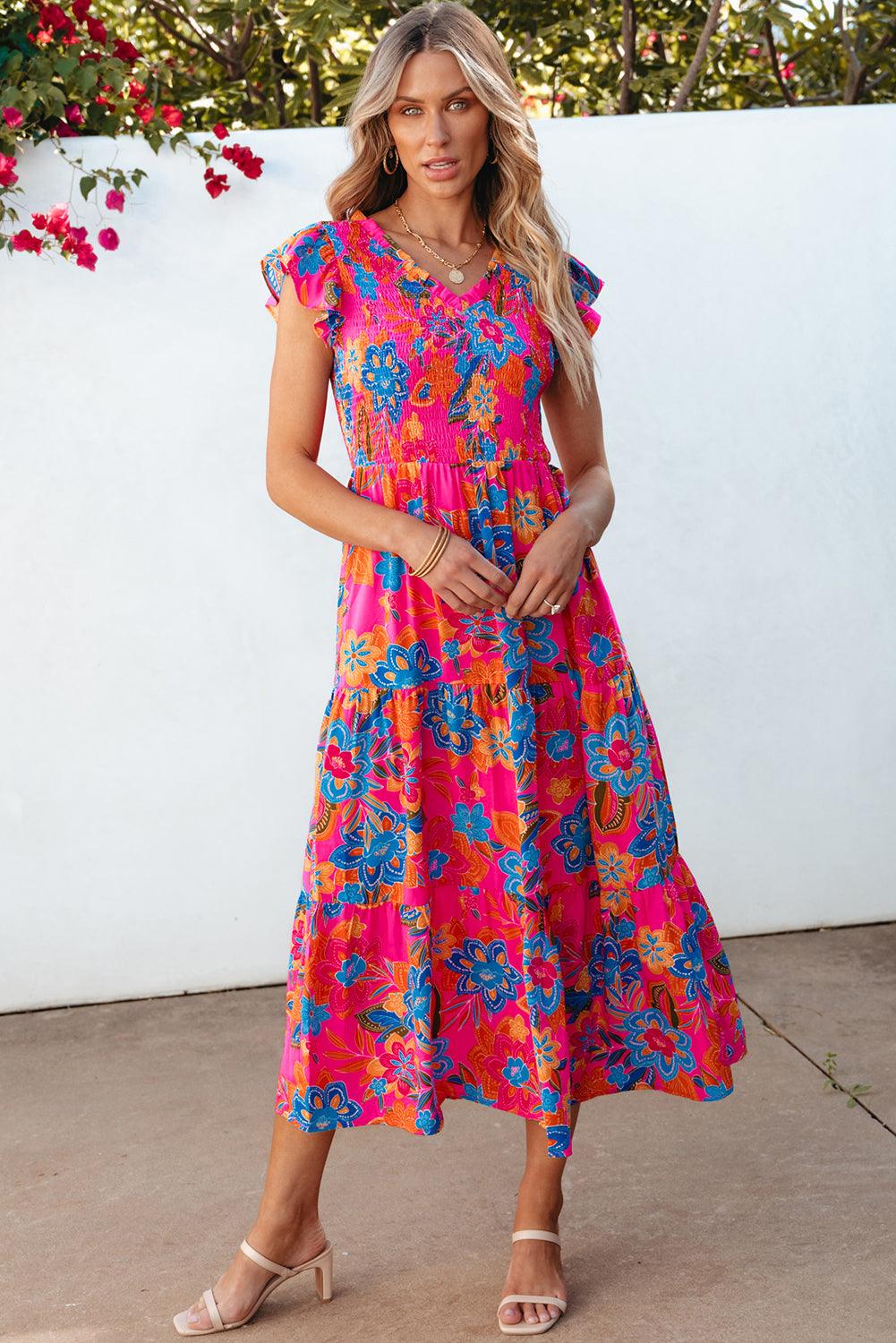 Boho Bloemenjurk met V-Hals en Ruches - Maxi Dresses - Jurkjes.co