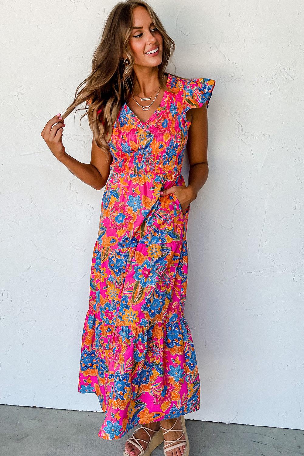 Boho Bloemenjurk met V-Hals en Ruches - Maxi Dresses - Jurkjes.co