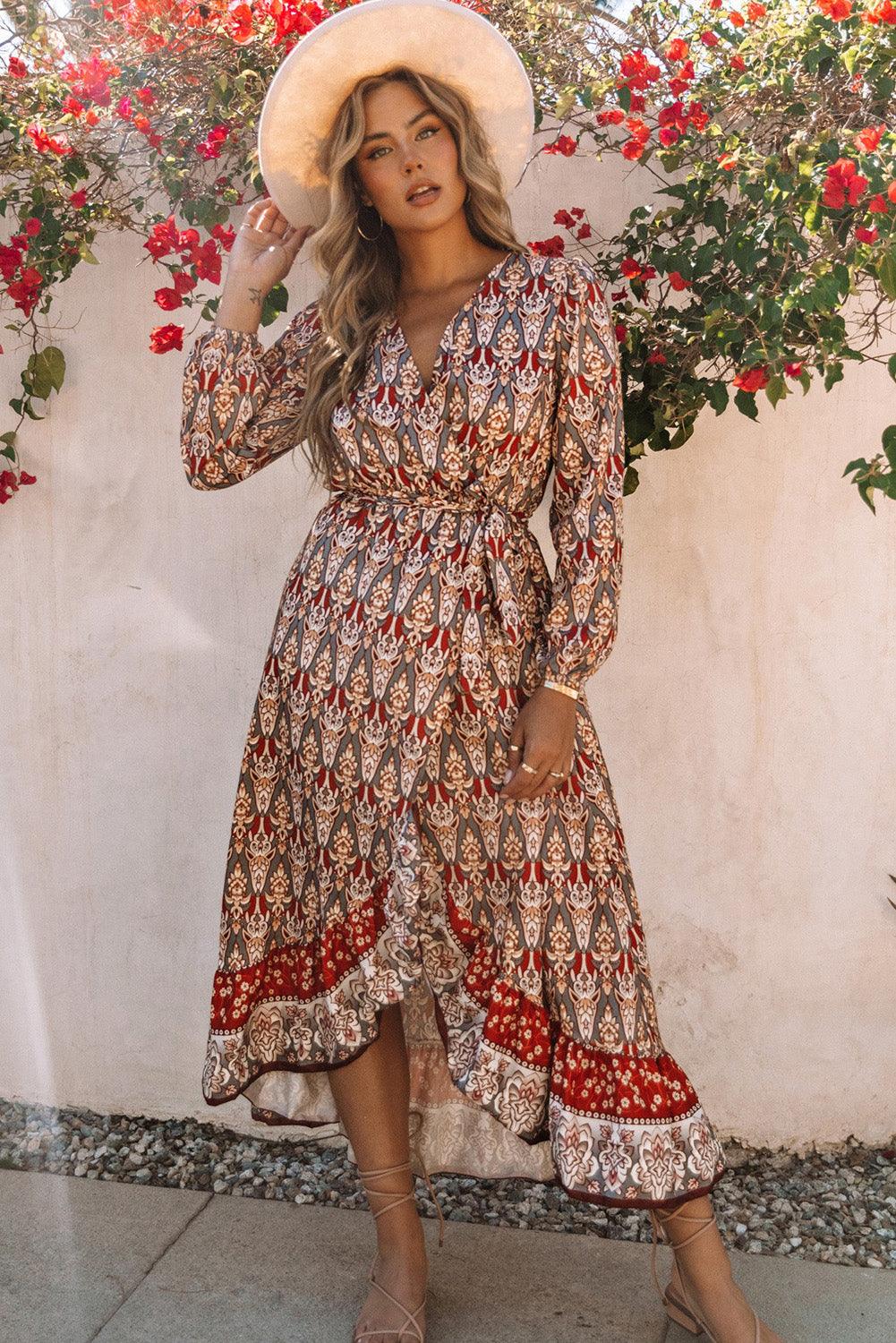 Boho Bloemenprint Jurk met Ruches en Riem - Floral Dresses - Jurkjes.co