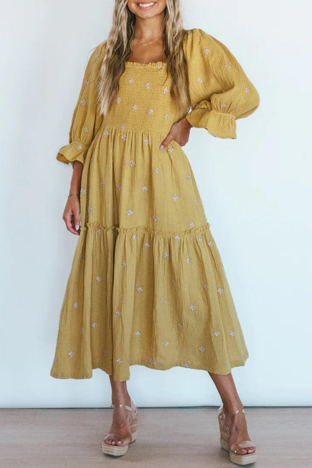 Boho Gedessineerde Midi Jurk met Ruches - Midi Dresses - Jurkjes.co