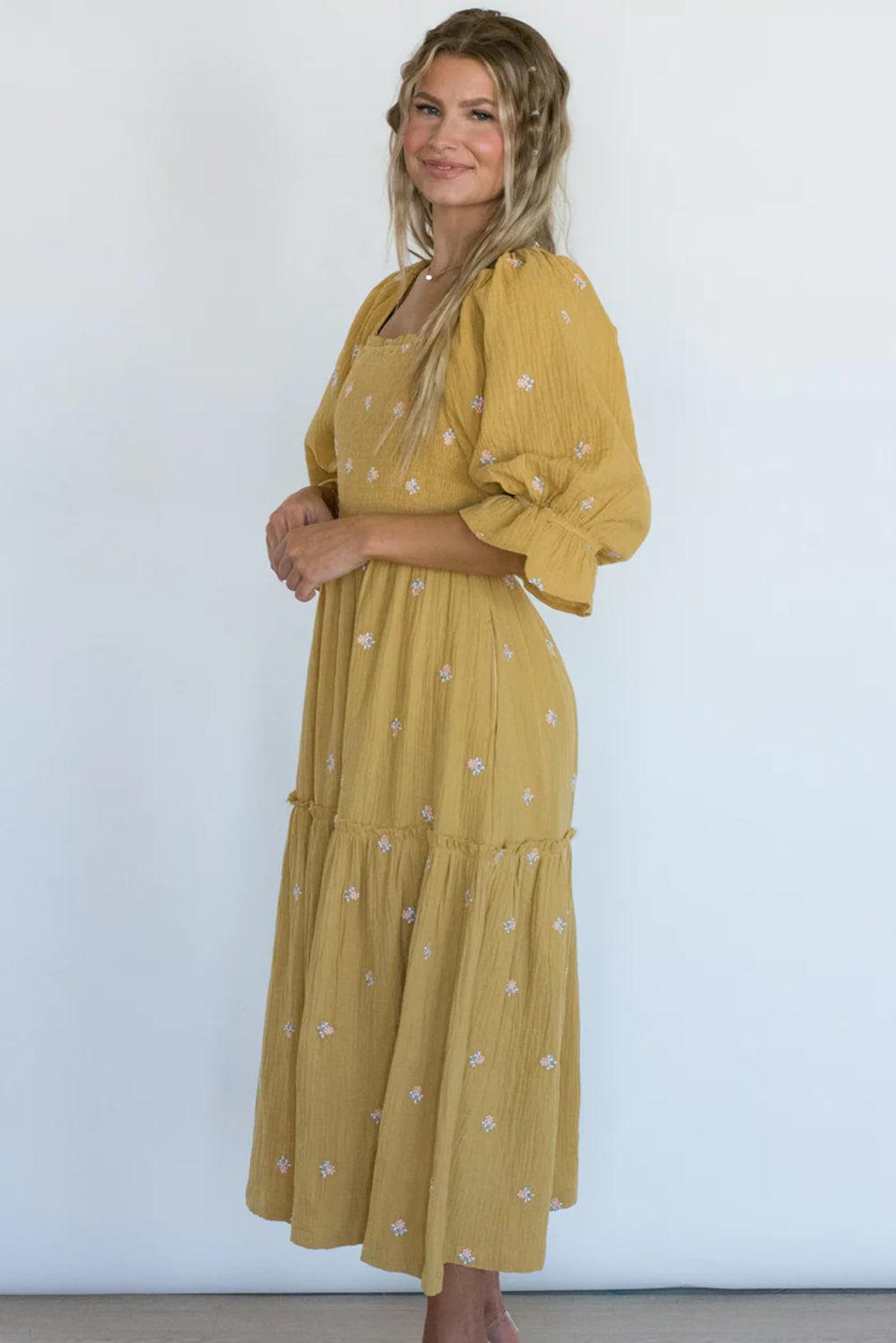 Boho Gedessineerde Midi Jurk met Ruches - Midi Dresses - Jurkjes.co