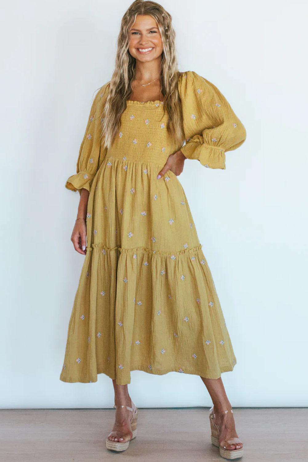 Boho Gedessineerde Midi Jurk met Ruches - Midi Dresses - Jurkjes.co