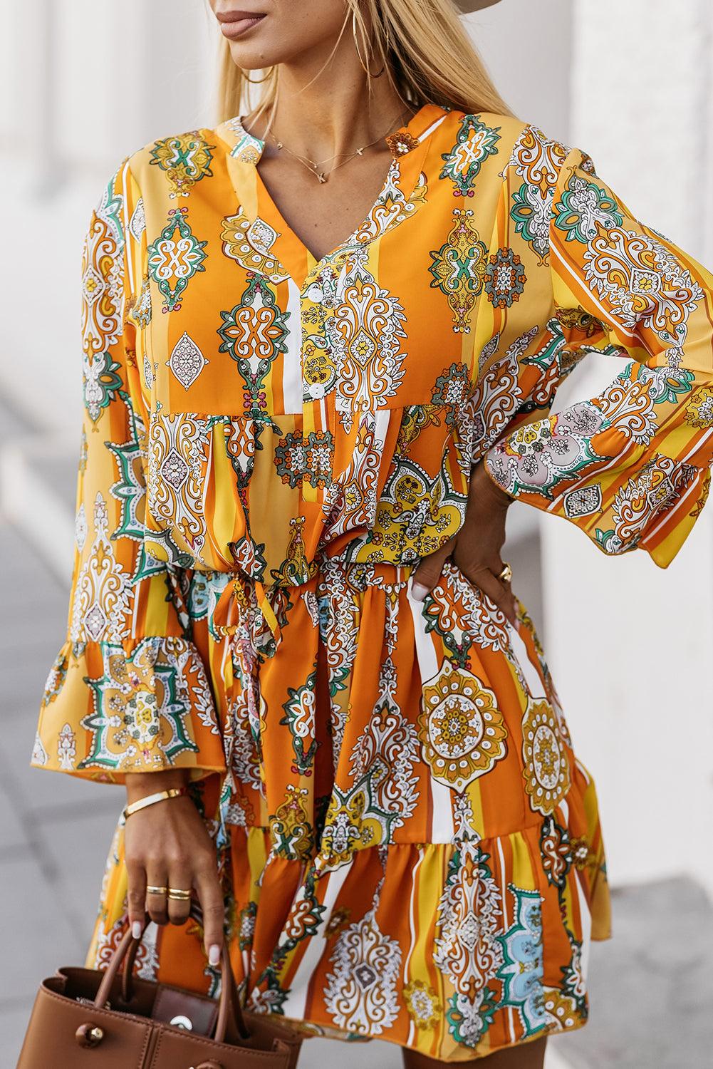 Boho Geometrische Print Jurk met V-Hals - Mini Dresses - Jurkjes.co