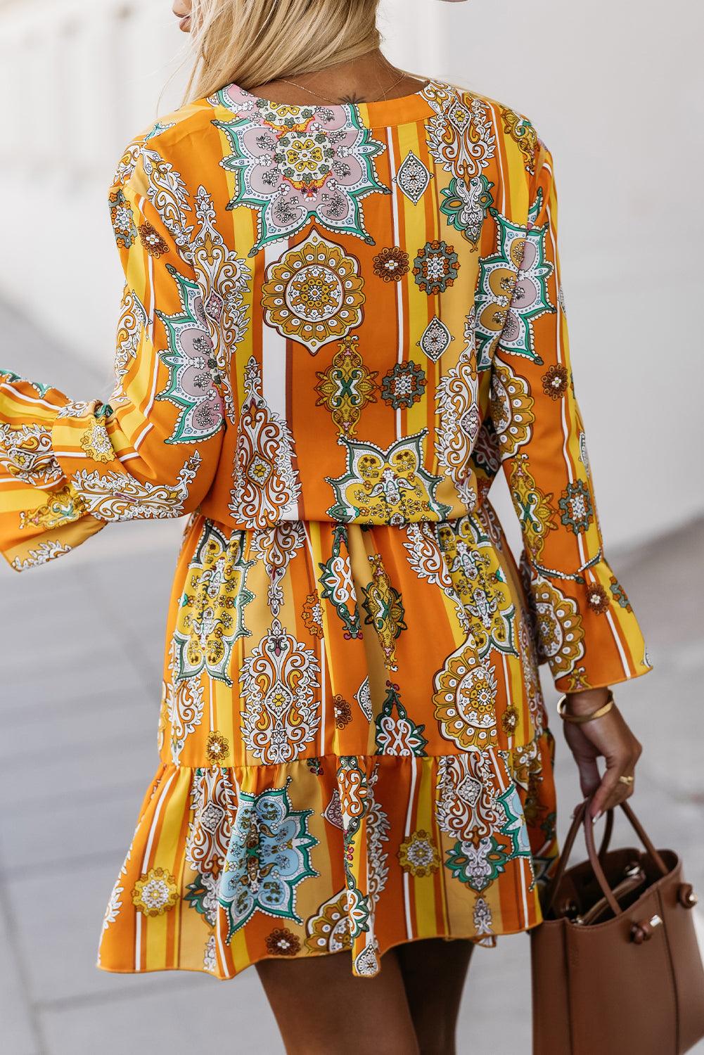 Boho Geometrische Print Jurk met V-Hals - Mini Dresses - Jurkjes.co