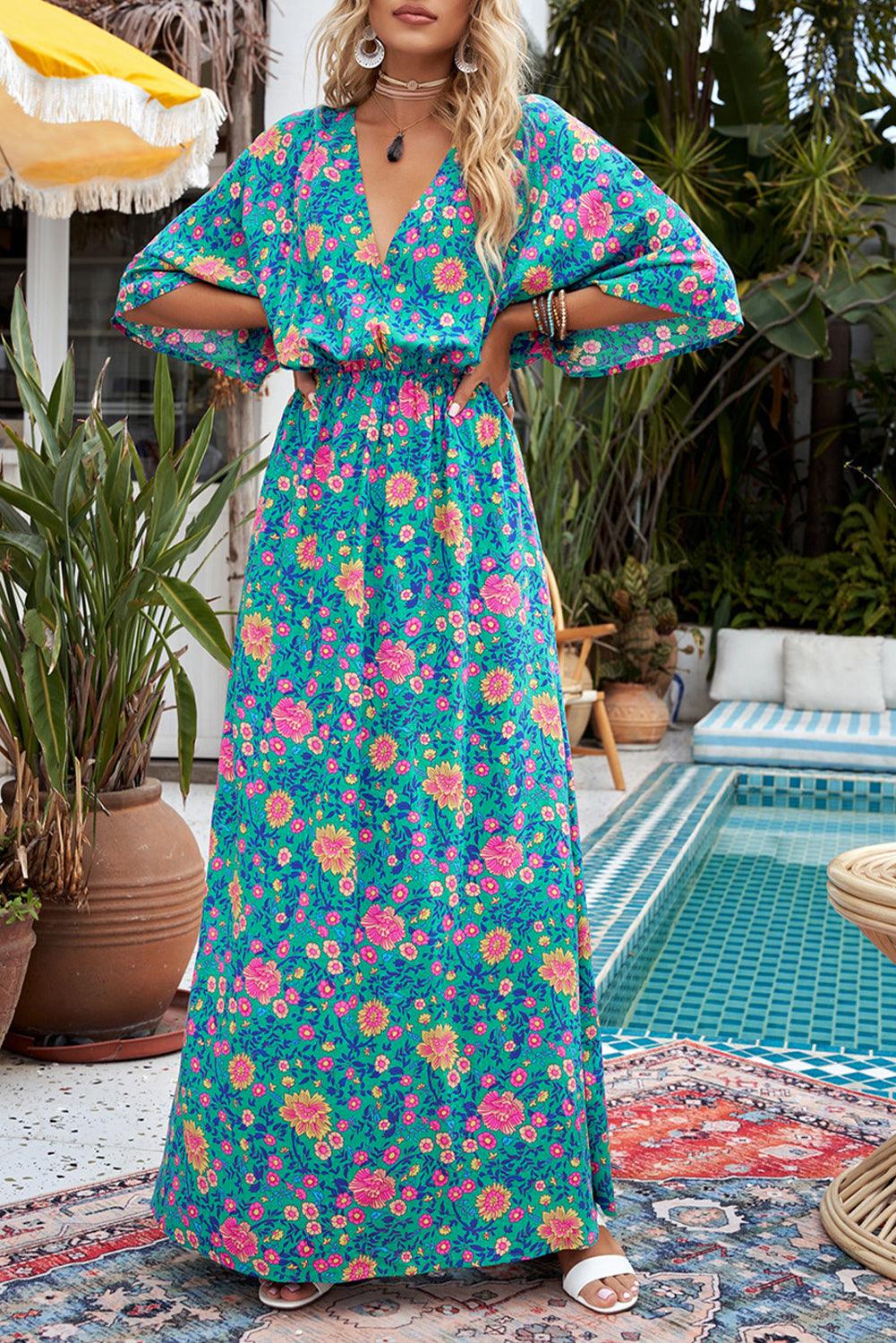 Boho Maxi-Jurk met Diepe V-Hals en Bloemen - Floral Dresses - Jurkjes.co