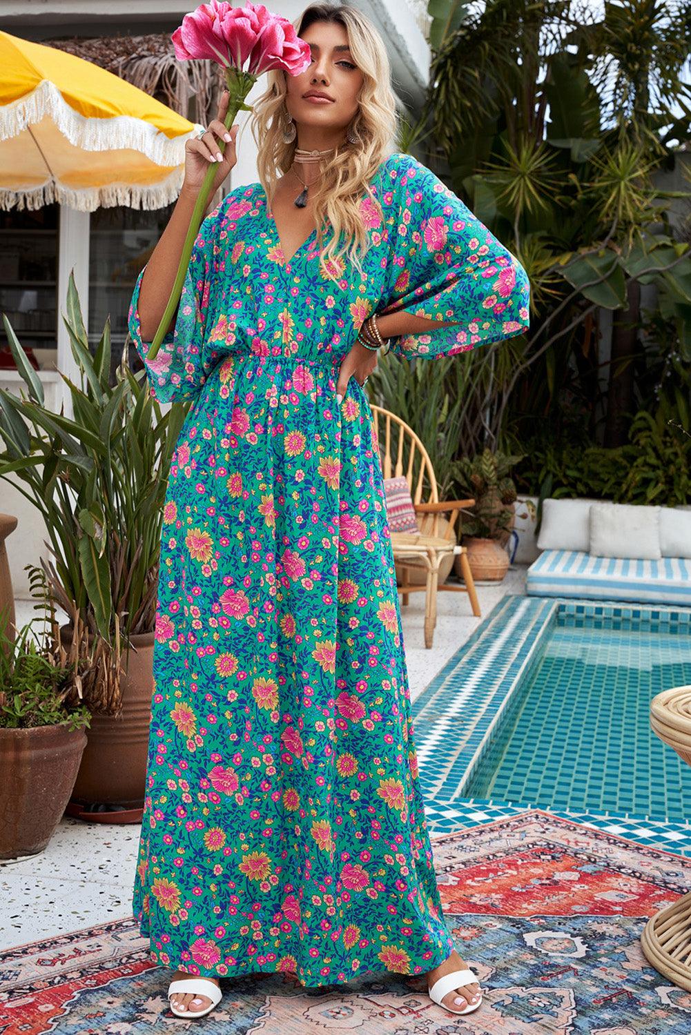 Boho Maxi-Jurk met Diepe V-Hals en Bloemen - Floral Dresses - Jurkjes.co