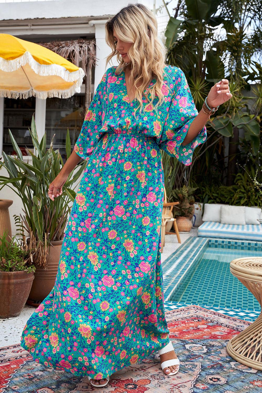 Boho Maxi-Jurk met Diepe V-Hals en Bloemen - Floral Dresses - Jurkjes.co