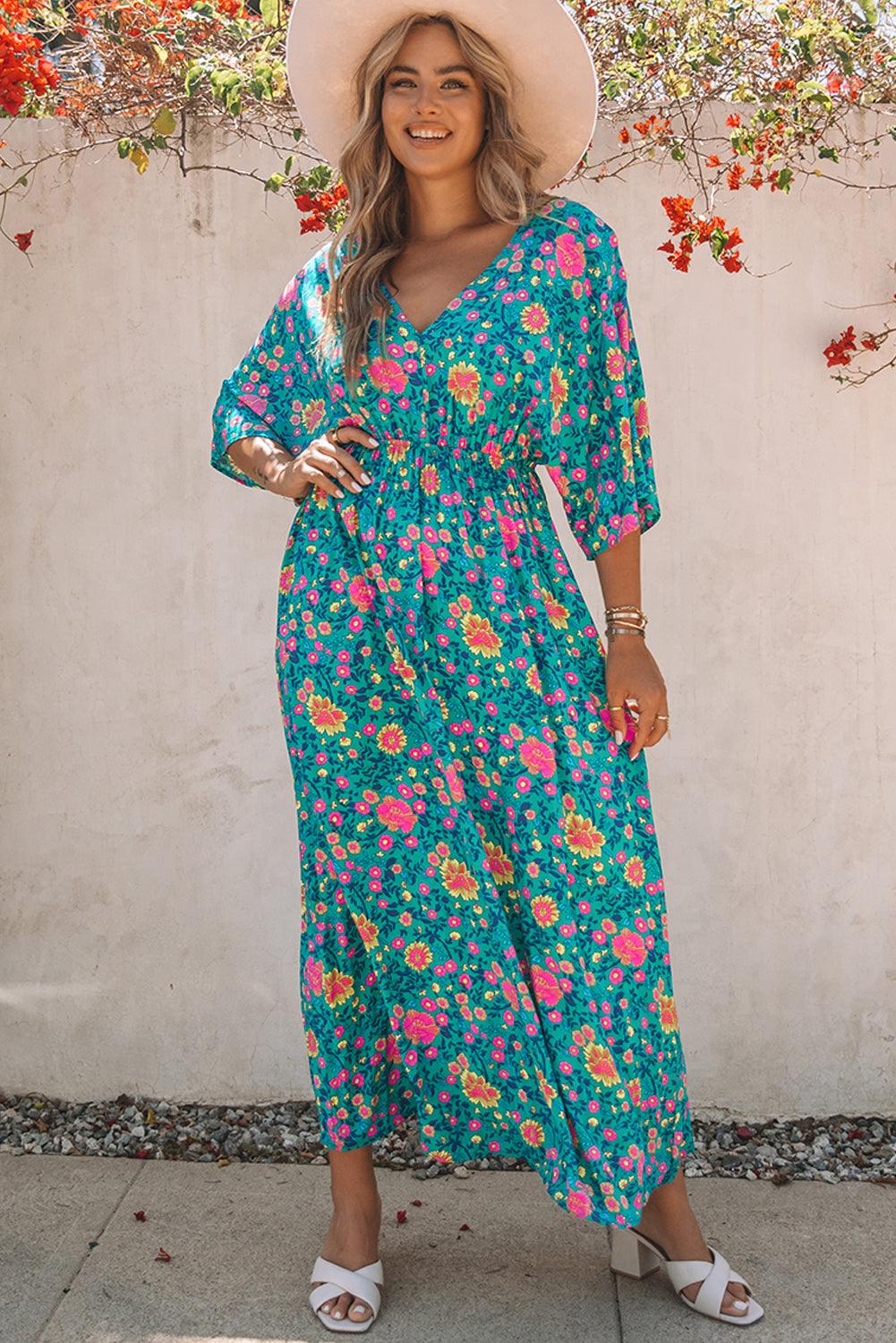 Boho Maxi-Jurk met Diepe V-Hals en Bloemen - Floral Dresses - Jurkjes.co