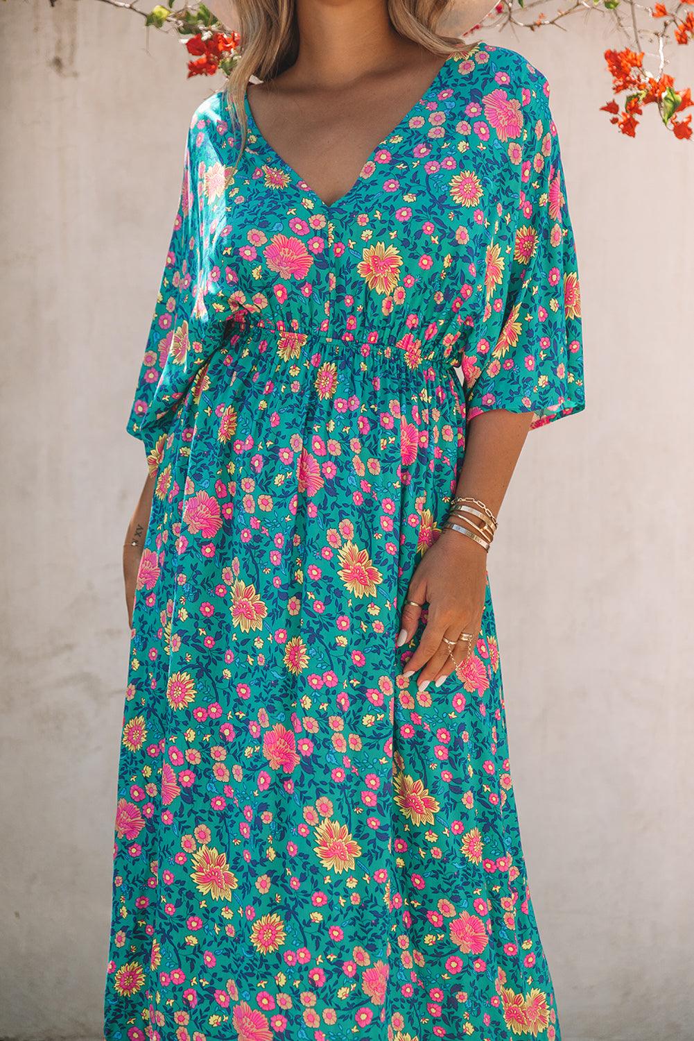 Boho Maxi-Jurk met Diepe V-Hals en Bloemen - Floral Dresses - Jurkjes.co