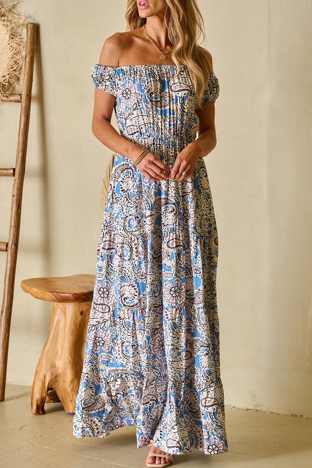 Boho Paisley Off-Shoulder Maxijurk - Floral Dresses - Jurkjes.co