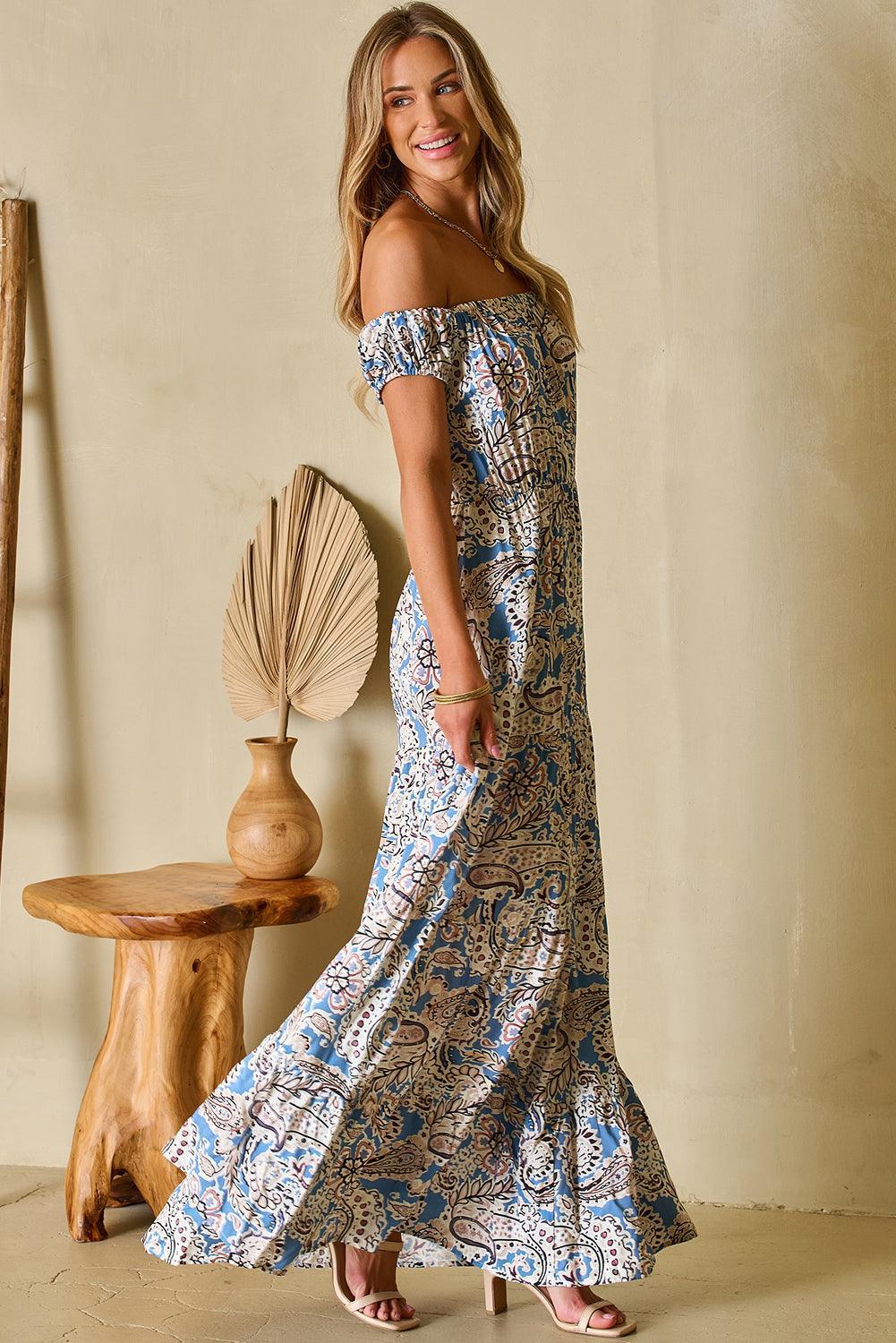 Boho Paisley Off-Shoulder Maxijurk - Floral Dresses - Jurkjes.co