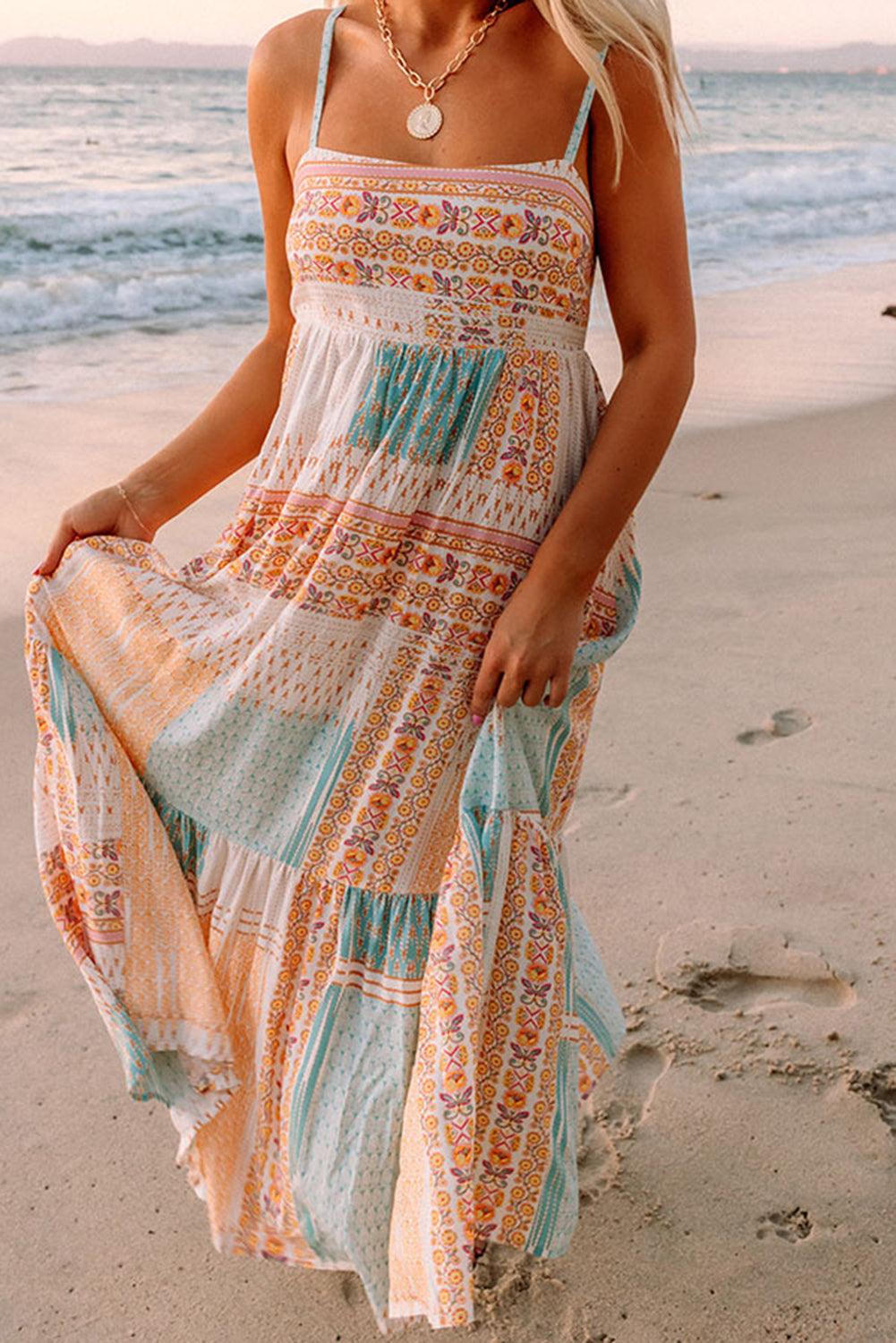 Boho Patchwork Jurk met Vierkante Hals - Maxi Dresses - Jurkjes.co