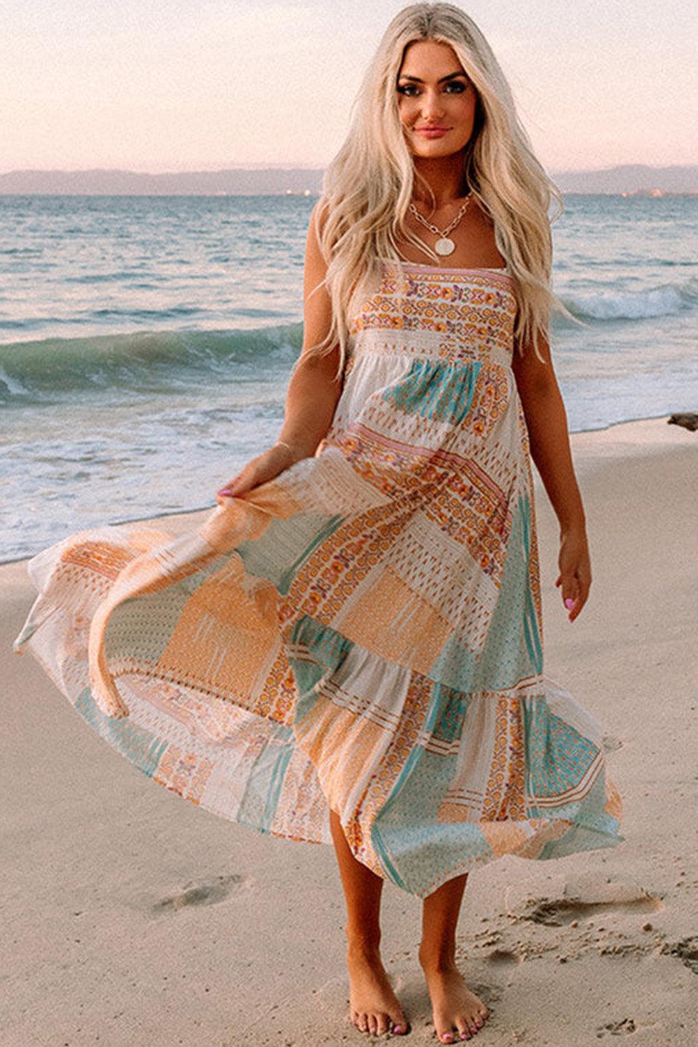 Boho Patchwork Jurk met Vierkante Hals - Maxi Dresses - Jurkjes.co