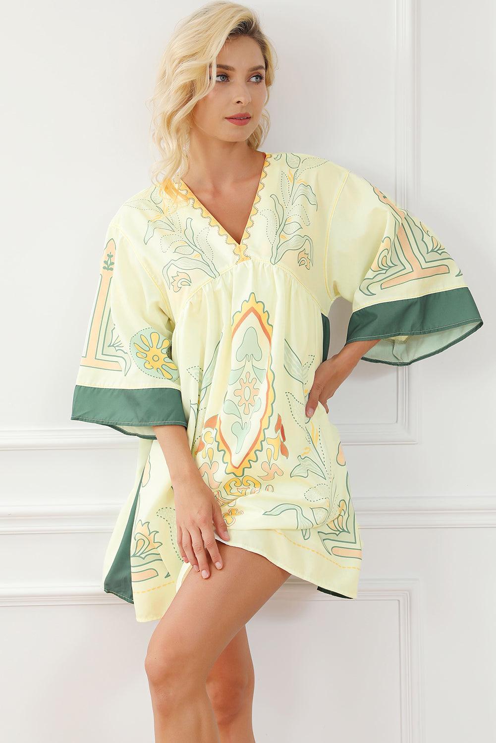 Boho Print V-Hals Empire Taille Kimono Jurk - Mini Dresses - Jurkjes.co