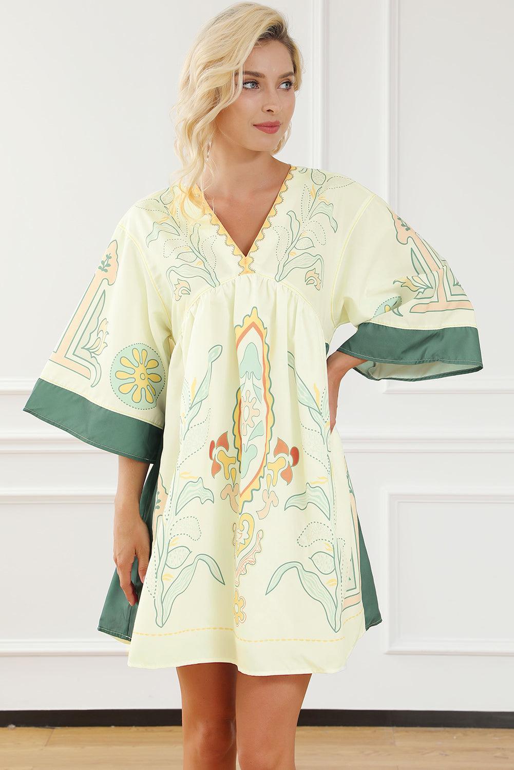 Boho Print V-Hals Empire Taille Kimono Jurk - Mini Dresses - Jurkjes.co