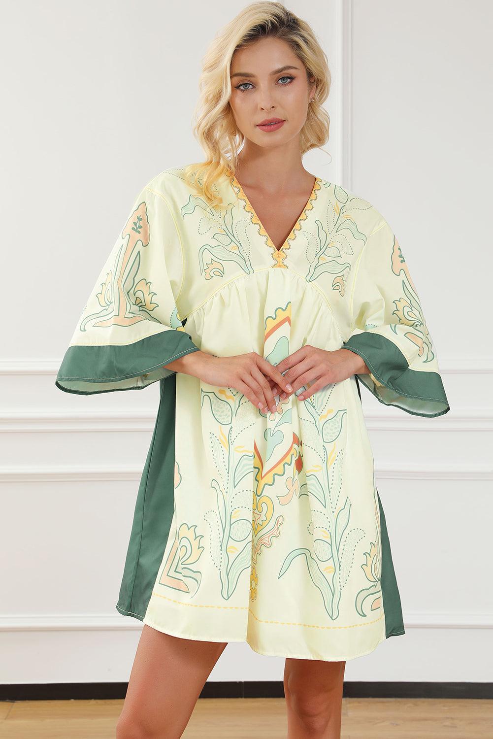 Boho Print V-Hals Empire Taille Kimono Jurk - Mini Dresses - Jurkjes.co