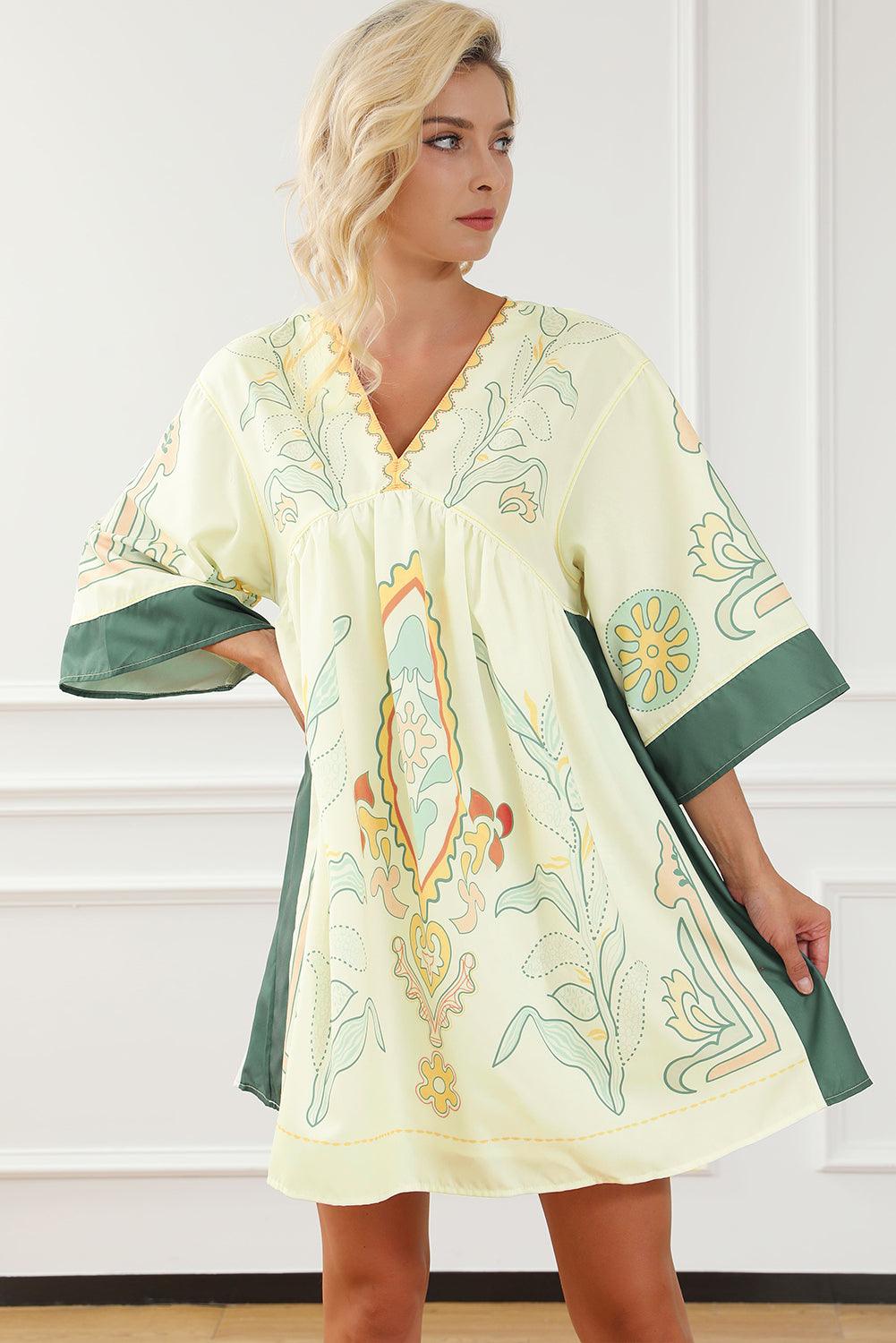 Boho Print V-Hals Empire Taille Kimono Jurk - Mini Dresses - Jurkjes.co