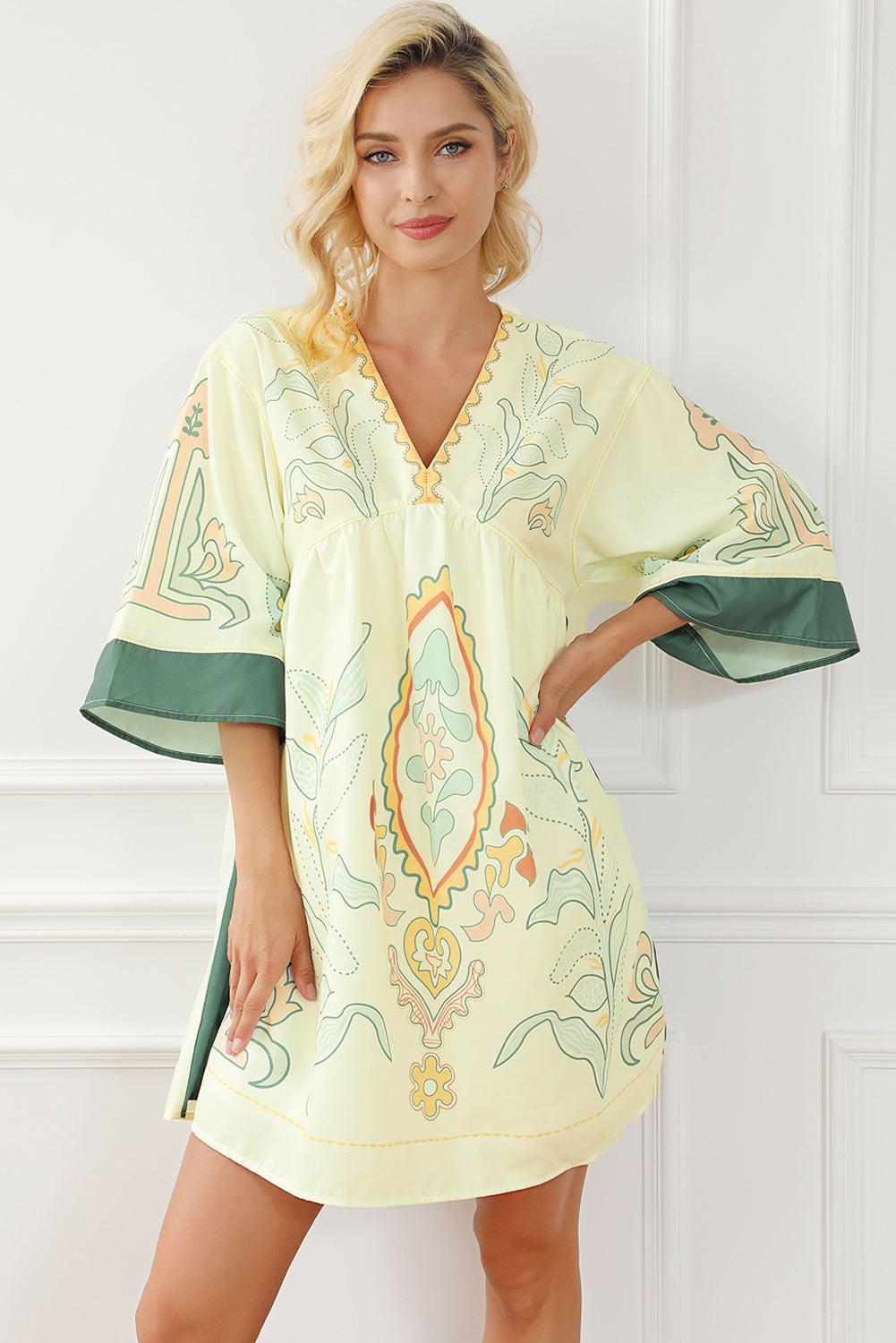 Boho Print V-Hals Empire Taille Kimono Jurk - Mini Dresses - Jurkjes.co