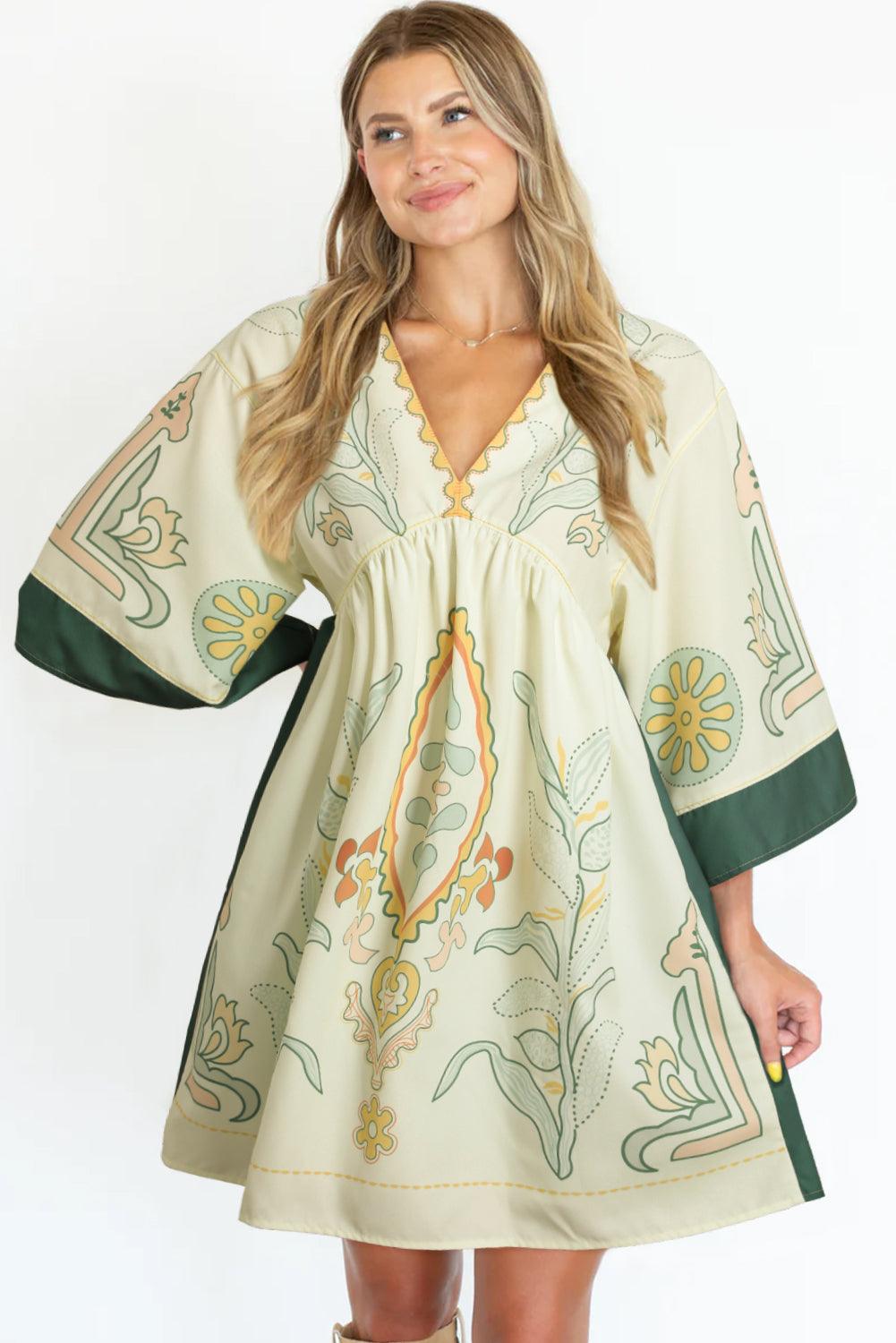 Boho Print V-Hals Empire Taille Kimono Jurk - Mini Dresses - Jurkjes.co