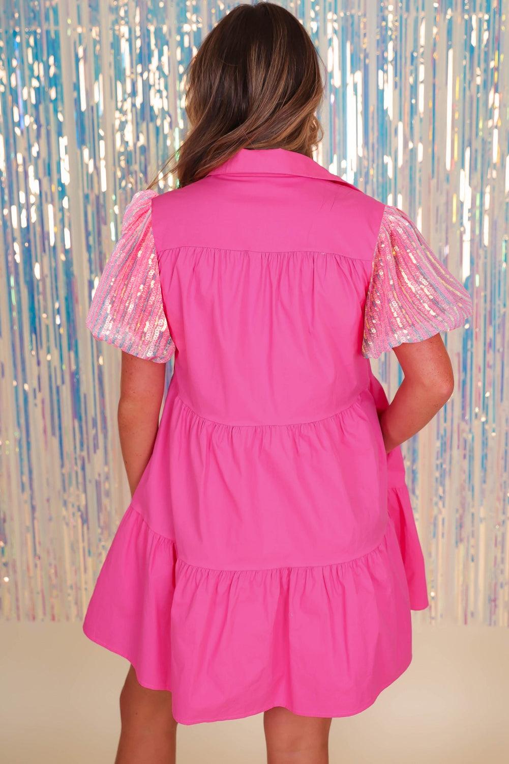 Bonbon Pailletten Blousejurk met Ruches - Mini Dresses - Jurkjes.co