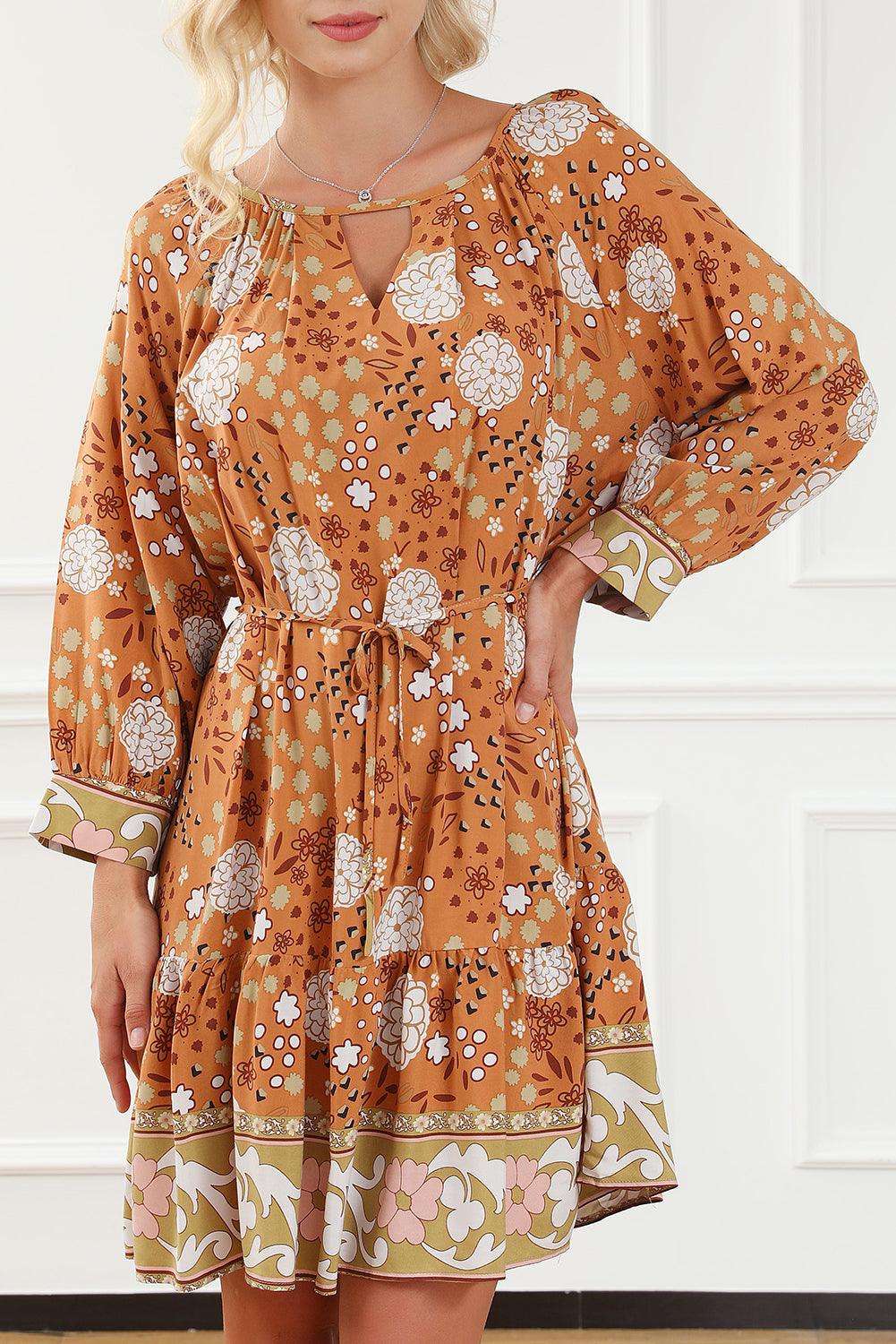 Camel Boho Bloemenjurk met Knoopceintuur - Floral Dresses - Jurkjes.co