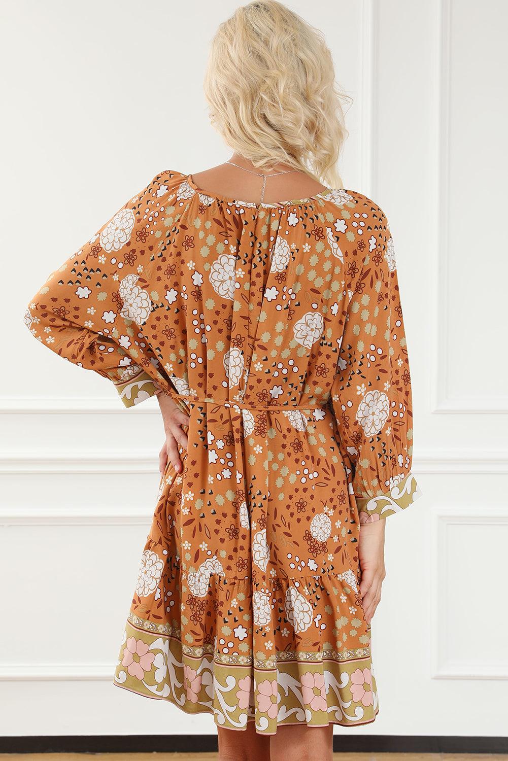 Camel Boho Bloemenjurk met Knoopceintuur - Floral Dresses - Jurkjes.co