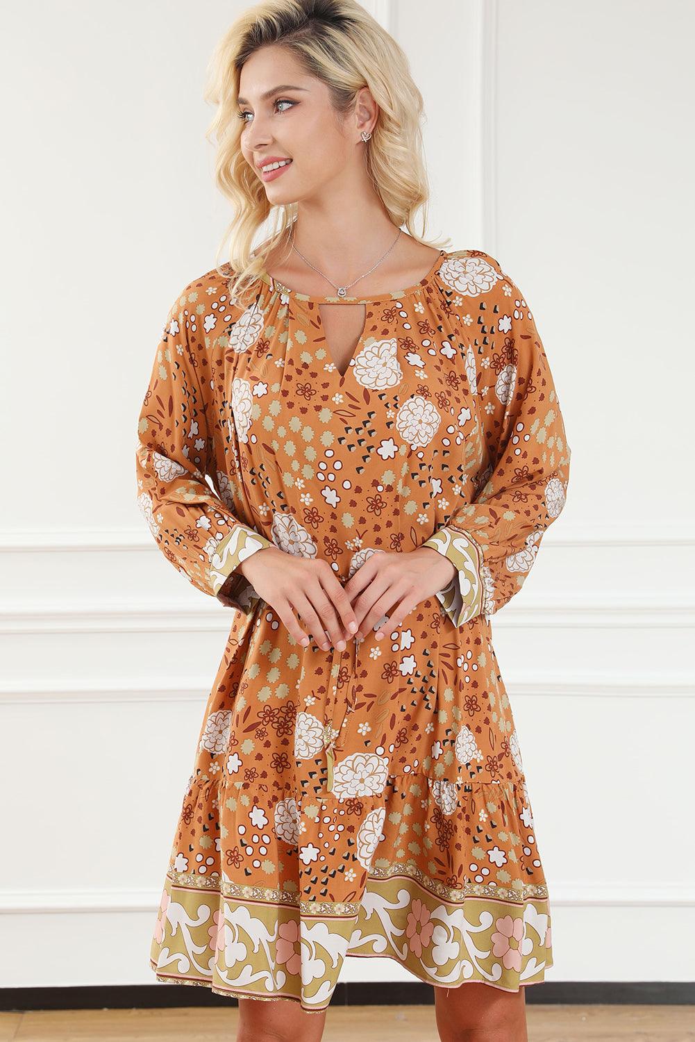 Camel Boho Bloemenjurk met Knoopceintuur - Floral Dresses - Jurkjes.co