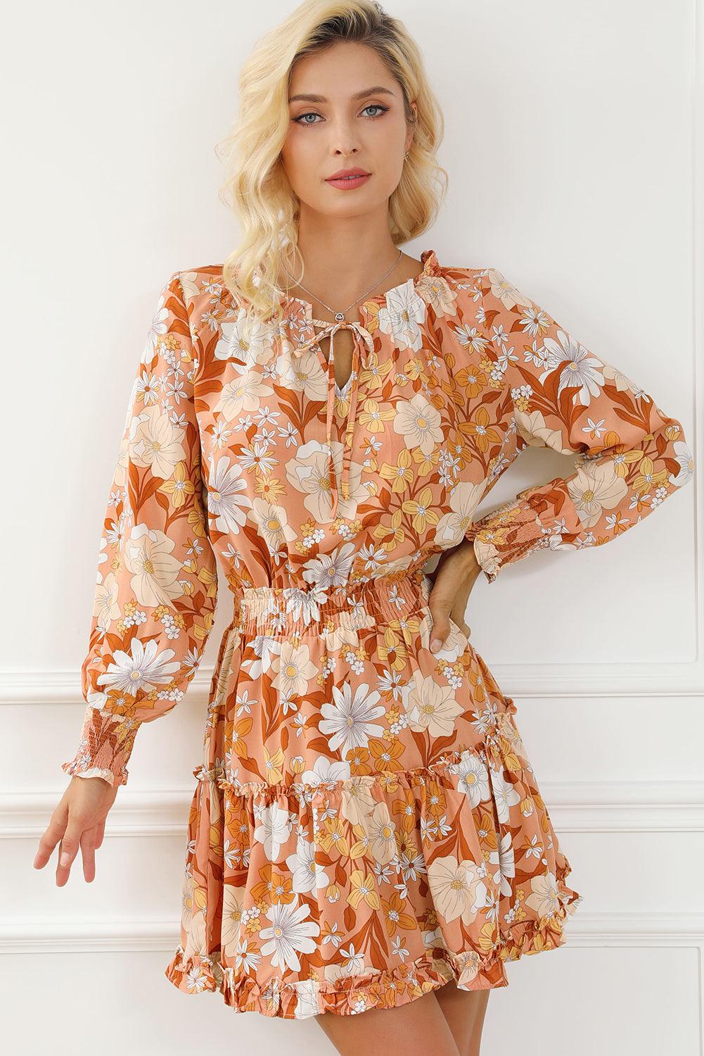 Camel Veter Split Hals Tuniek met Bloemen - Floral Dresses - Jurkjes.co