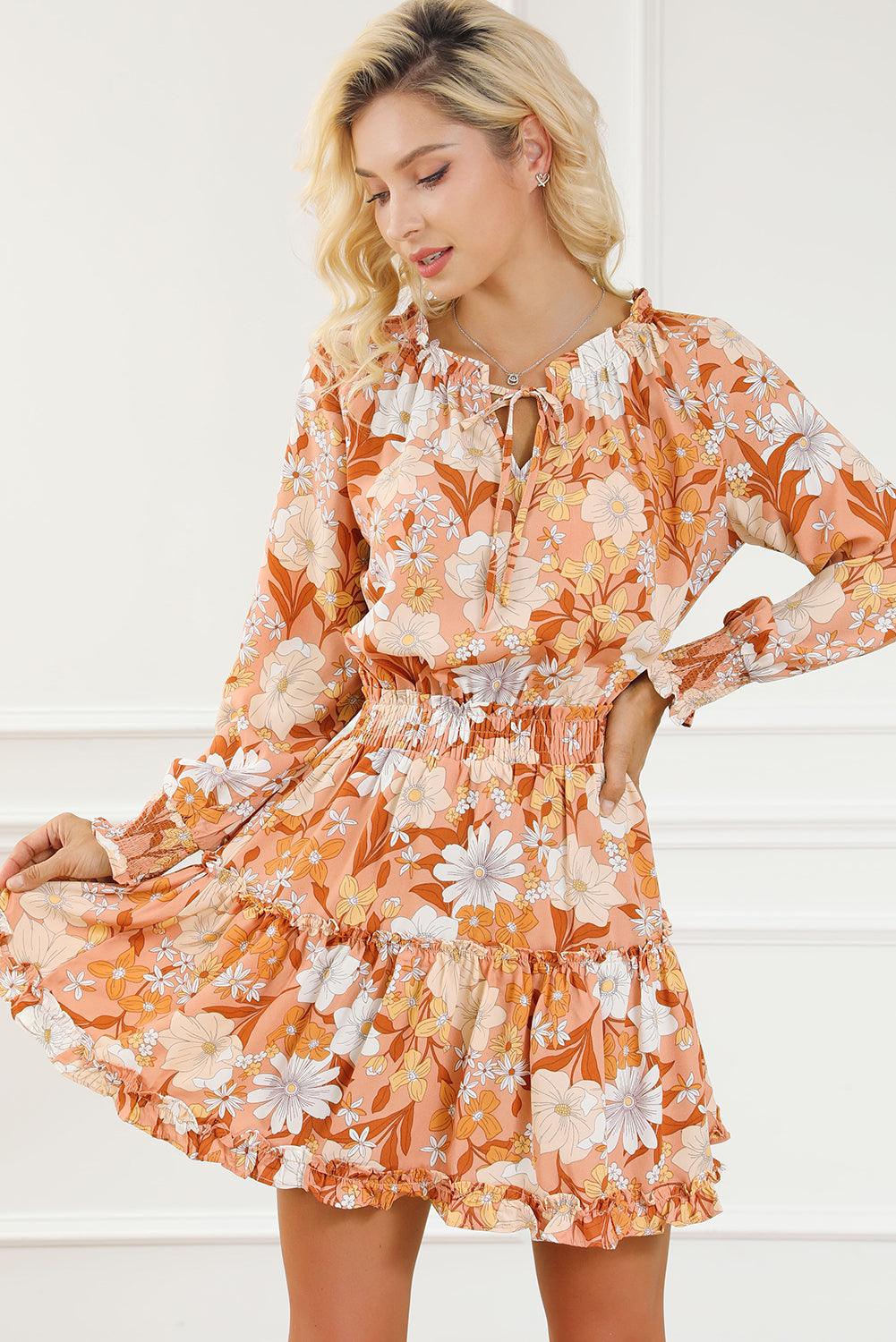 Camel Veter Split Hals Tuniek met Bloemen - Floral Dresses - Jurkjes.co