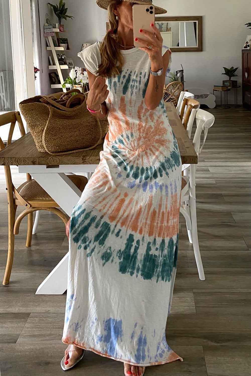 Capmouw Jurk met Lange Split en Tie-dye - Maxi Dresses - Jurkjes.co