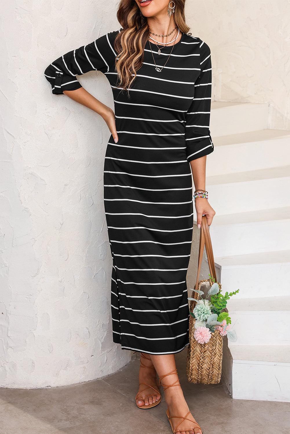 Casual Gestreepte Lange Jurk met Split - Maxi Dresses - Jurkjes.co