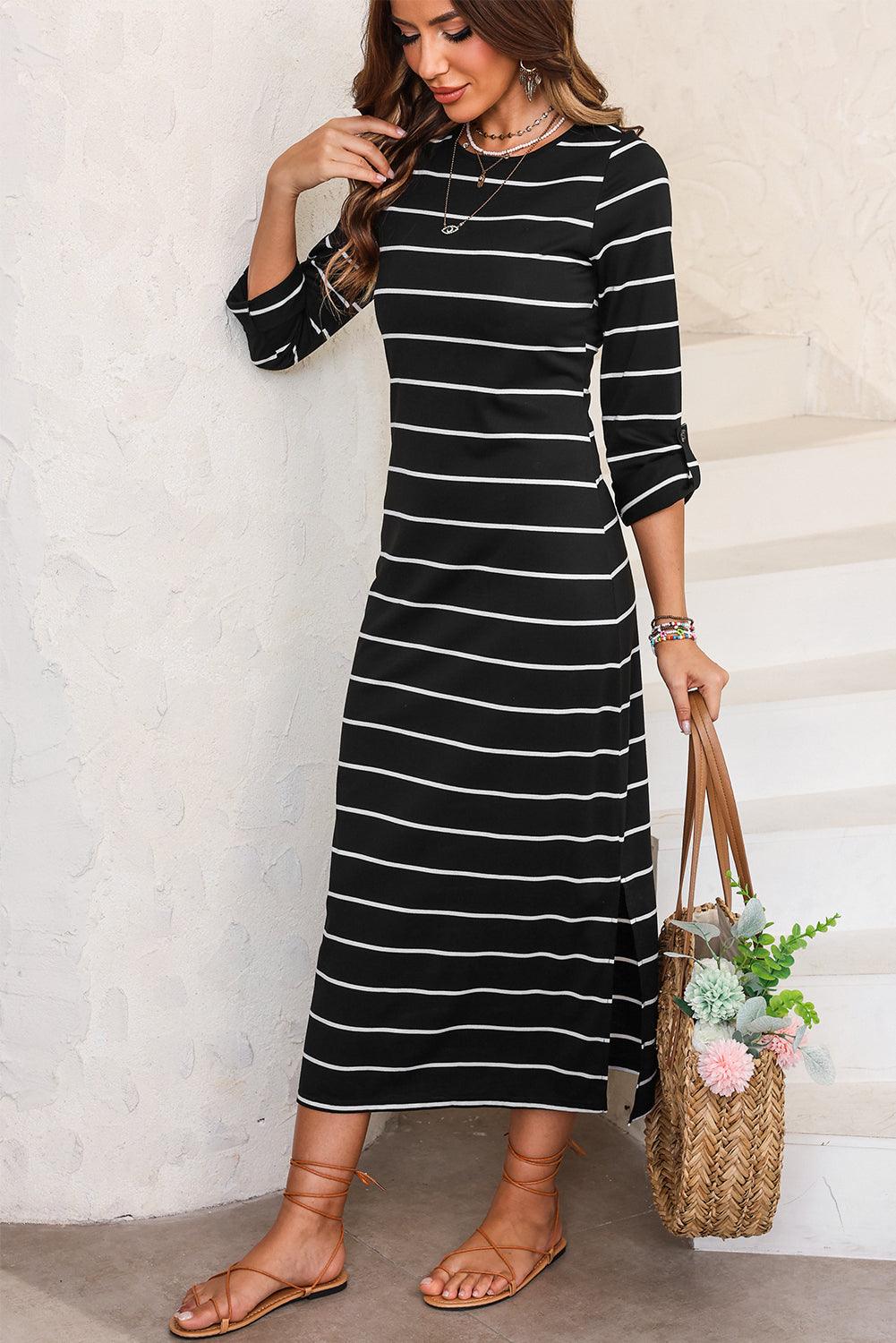 Casual Gestreepte Lange Jurk met Split - Maxi Dresses - Jurkjes.co