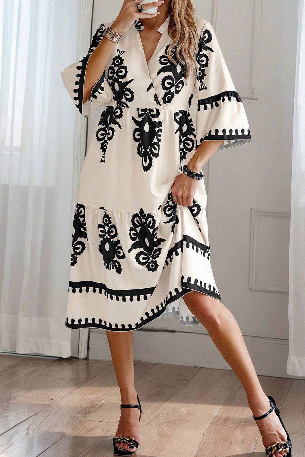 Western Geometrische Print Midi Jurk met 3/4 Mouwen