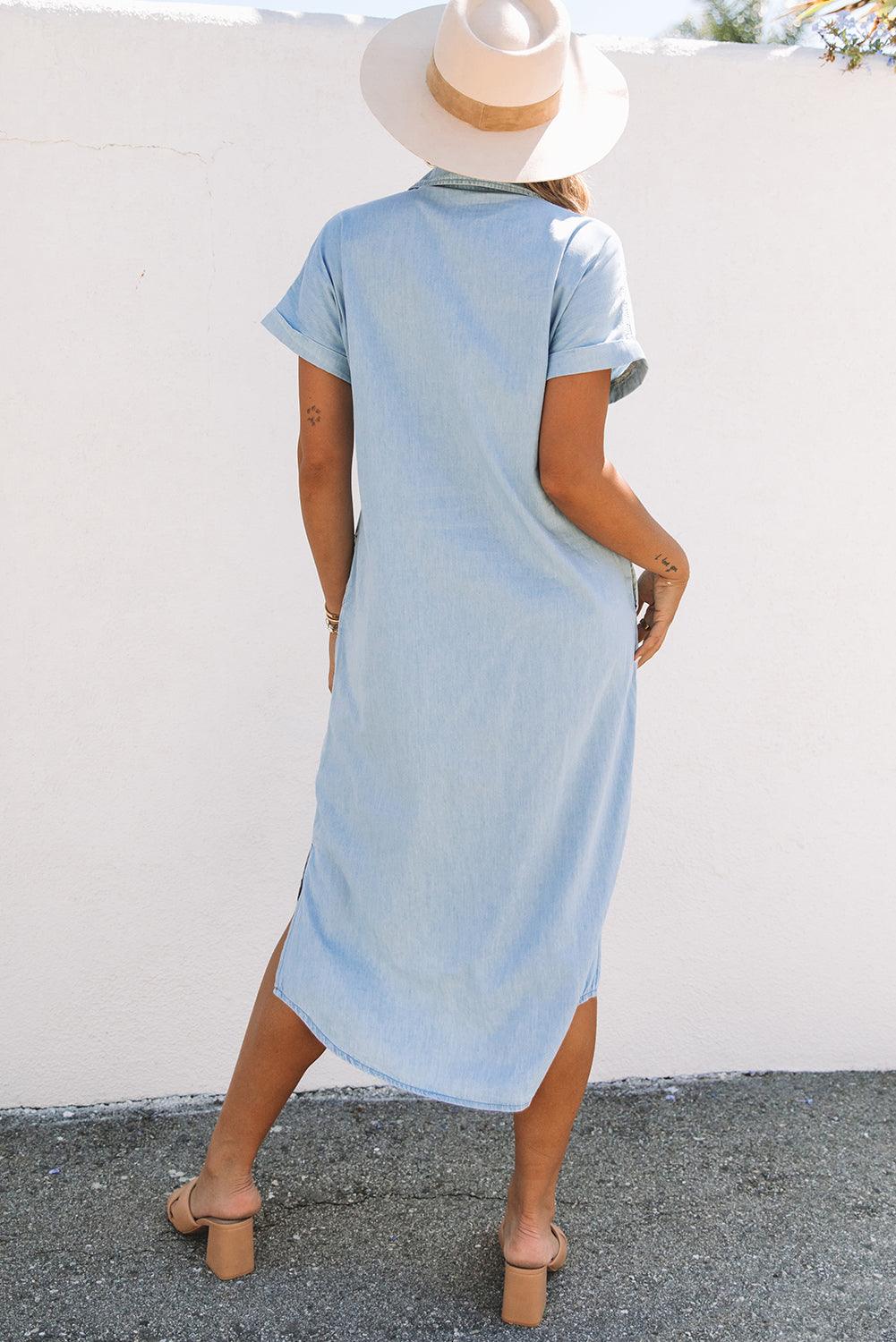 Chambray Overhemdjurk met Korte Mouwen - Midi Dresses - Jurkjes.co