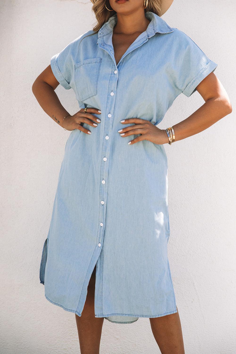 Chambray Overhemdjurk met Korte Mouwen - Midi Dresses - Jurkjes.co