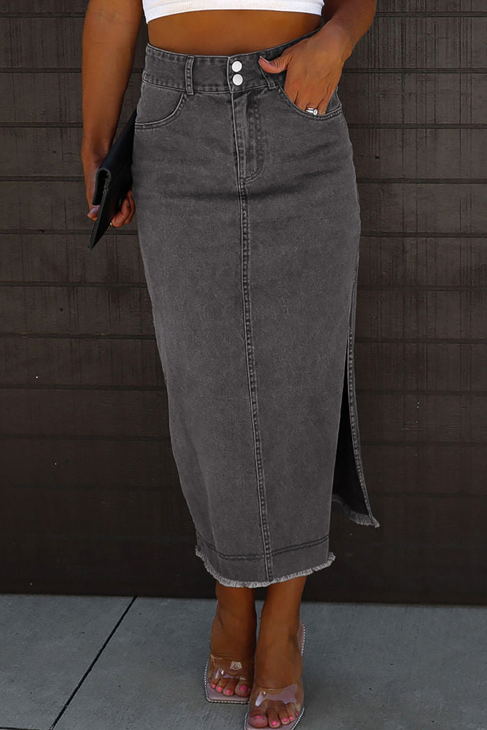 Stijlvolle Midi Denim Rok met Knoopsluiting