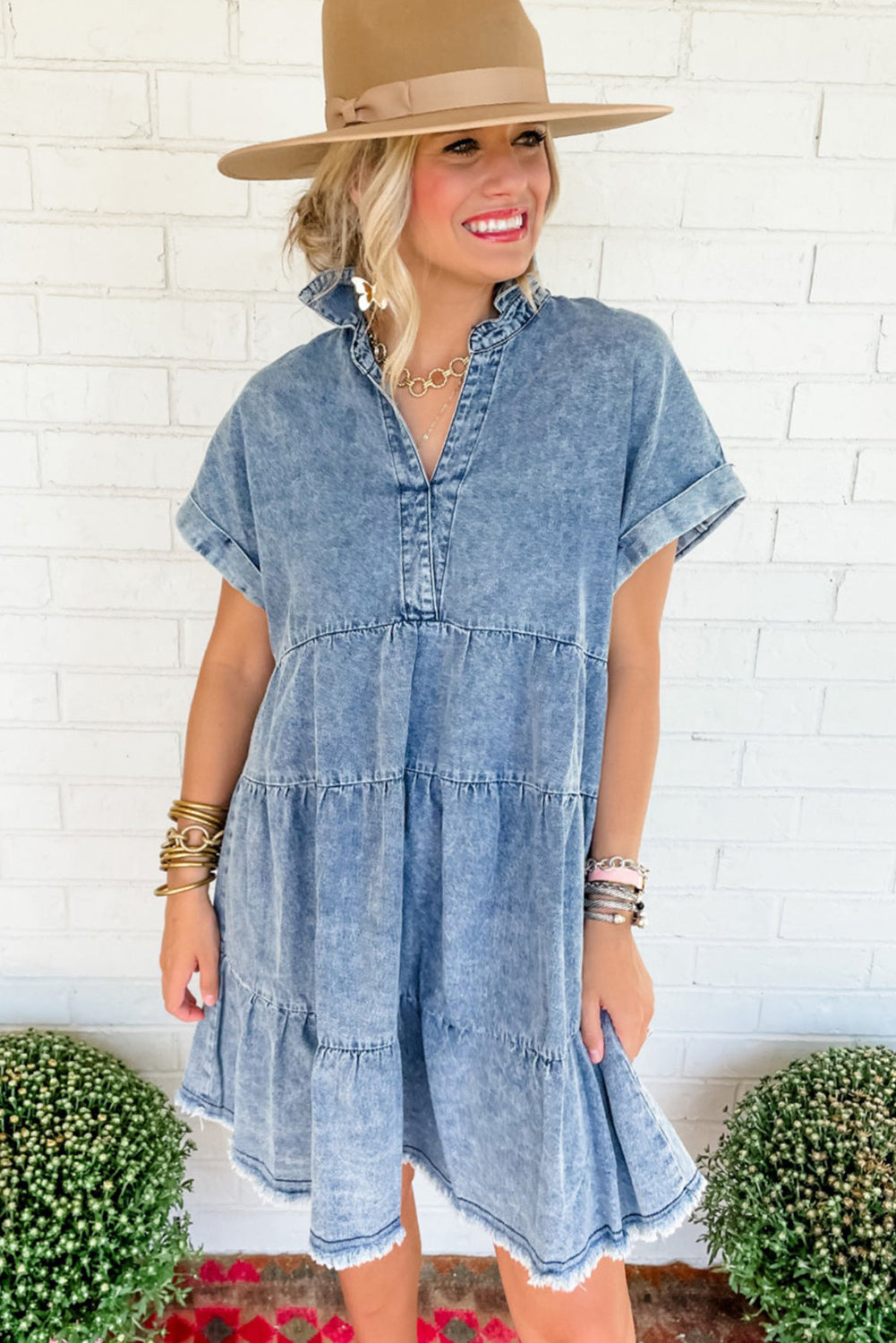 Acid Wash Denim Jurk met V-hals