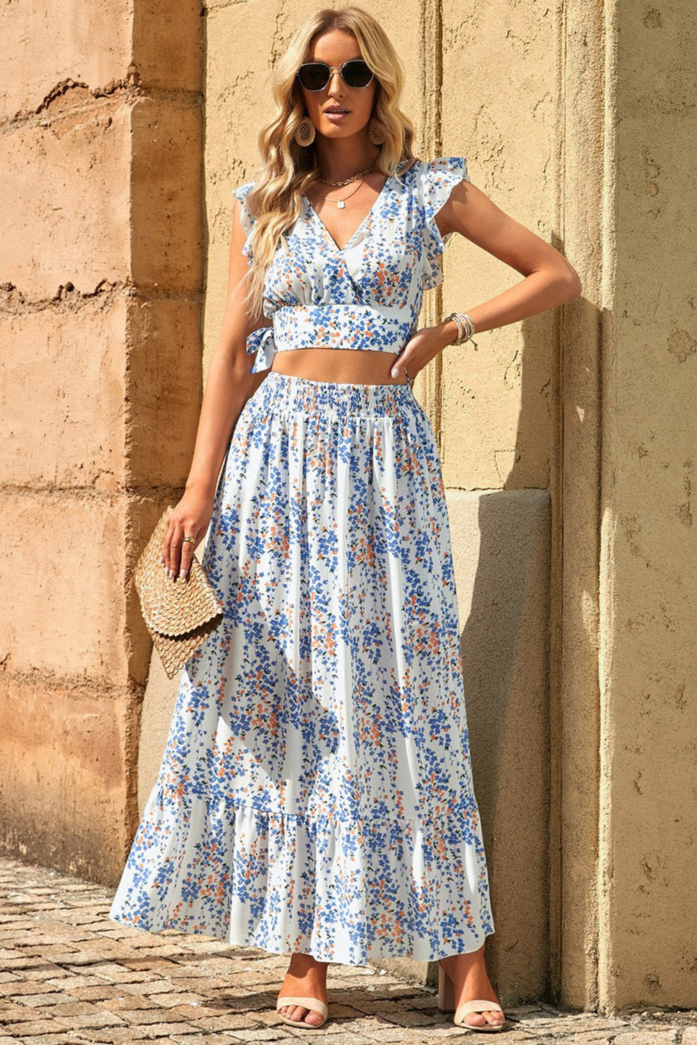 Ruffle Crop Top en Maxi Rok Set met Bloemenprint