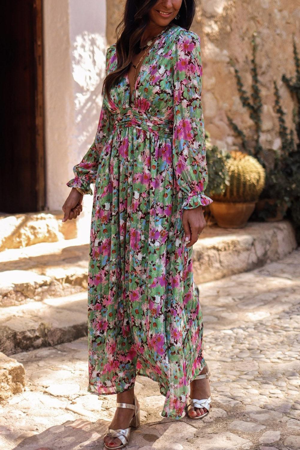 Diepe V-hals Maxi Jurk met Ruches Taille - Floral Dresses - Jurkjes.co