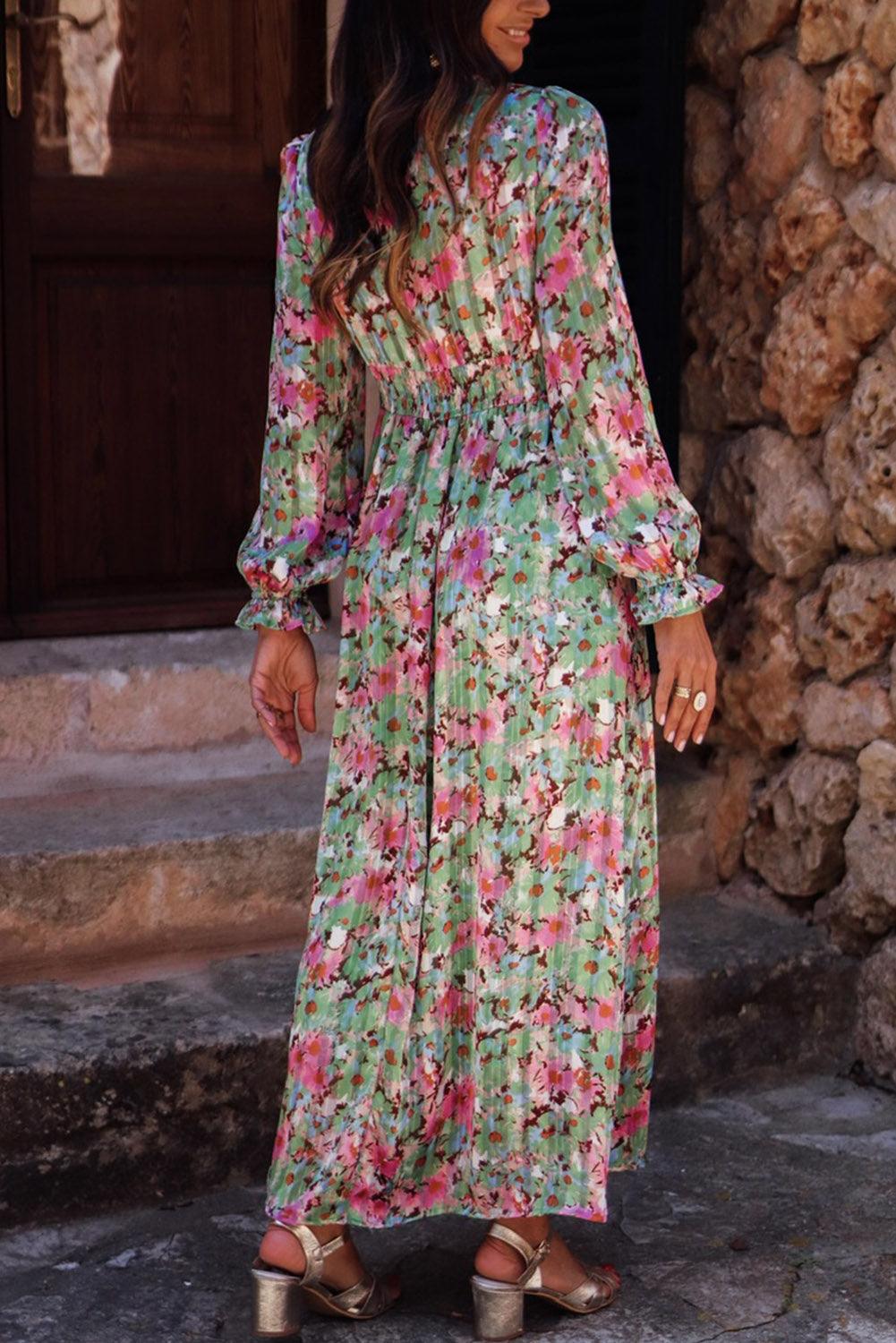 Diepe V-hals Maxi Jurk met Ruches Taille - Floral Dresses - Jurkjes.co