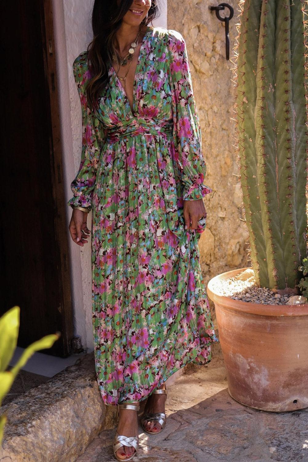 Diepe V-hals Maxi Jurk met Ruches Taille - Floral Dresses - Jurkjes.co