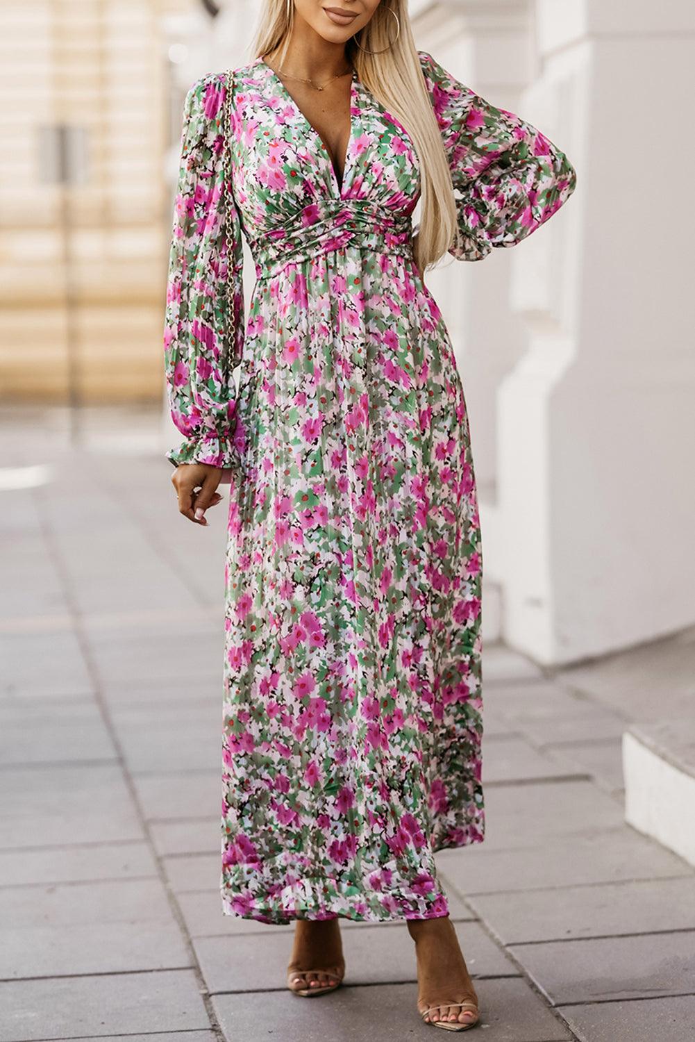 Diepe V-hals Maxi Jurk met Ruches Taille - Floral Dresses - Jurkjes.co