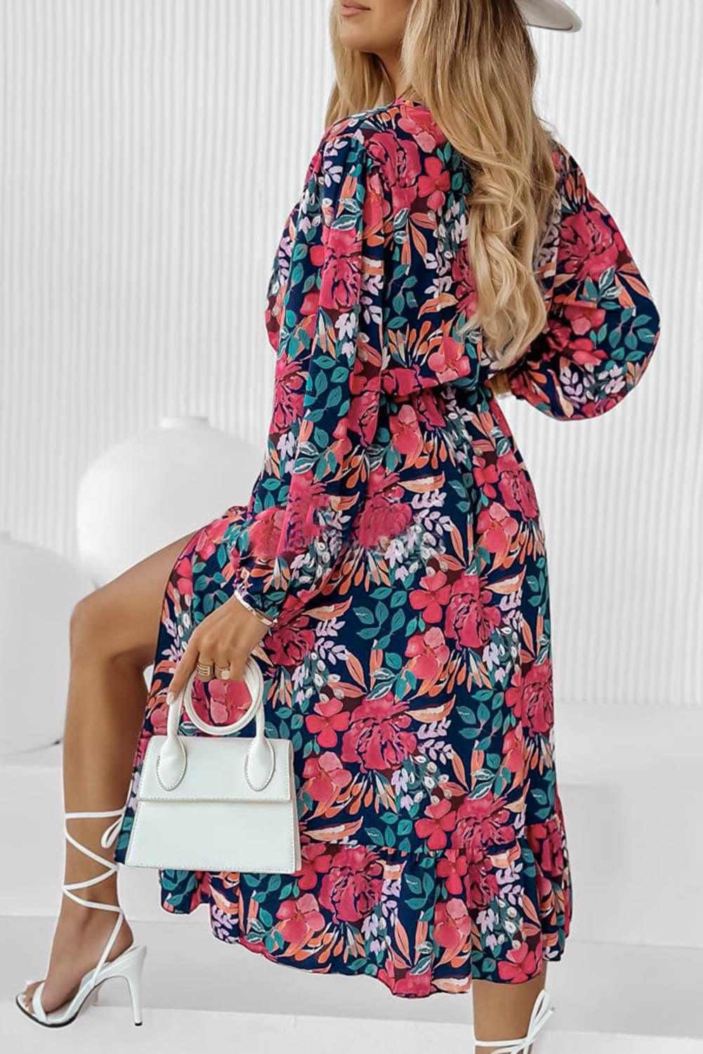 Dieprode Halslijn Jurk met Hoge Taille - Floral Dresses - Jurkjes.co