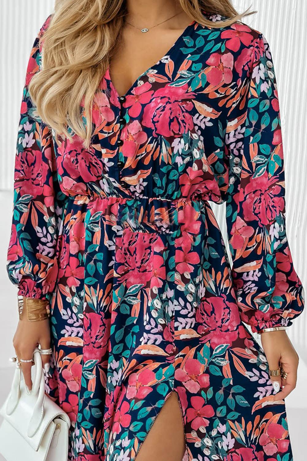 Dieprode Halslijn Jurk met Hoge Taille - Floral Dresses - Jurkjes.co