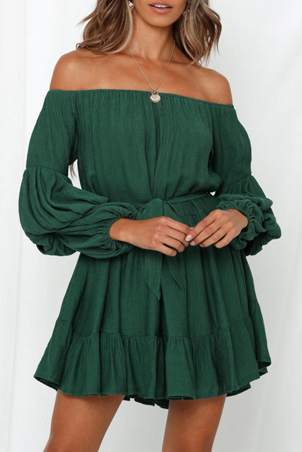 Off-Shoulder Ruches Jurk met Bubbelmouwen - Mini Dresses - Jurkjes.co