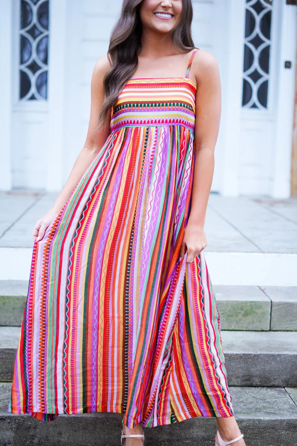 Boho Maxi Jurk met Dunne Bandjes en Smocked Rug