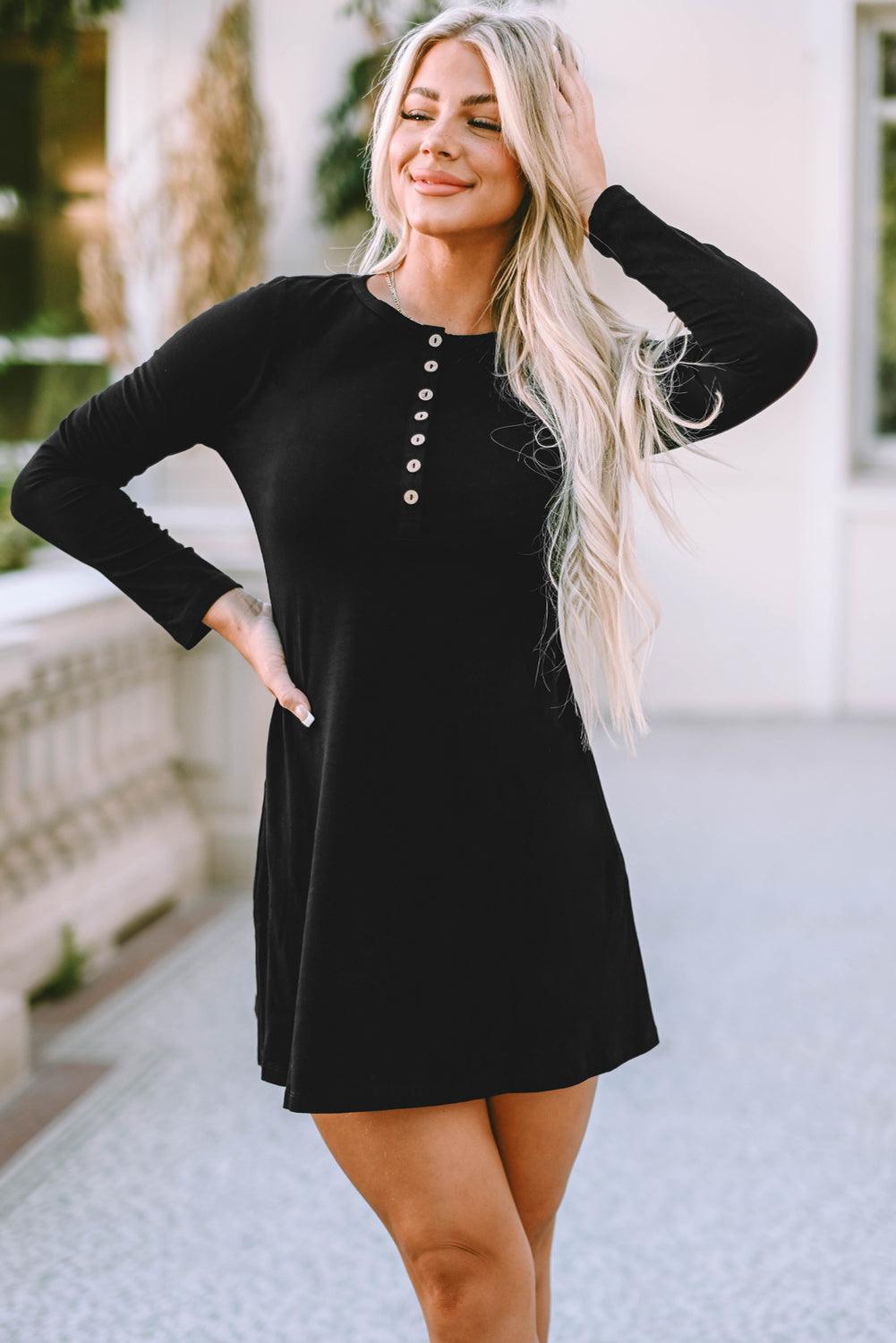 Elegant Lange Mouwen Henley Jurk - Mini Dresses - Jurkjes.co