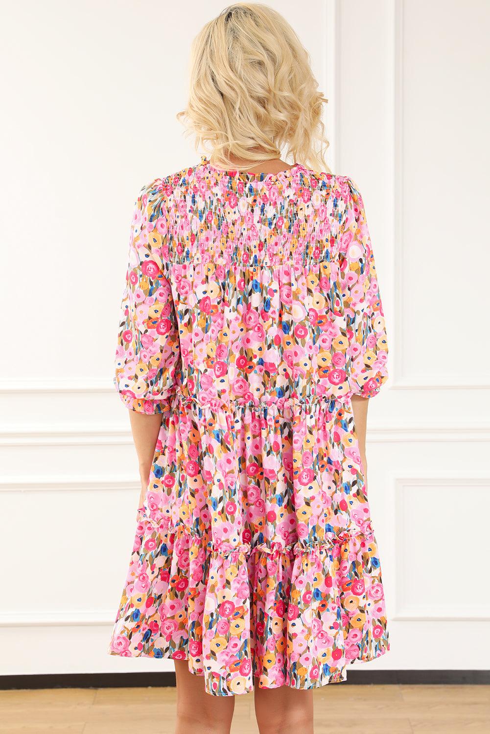 Elegante Bloemenjurk met Smokwerk - Floral Dresses - Jurkjes.co