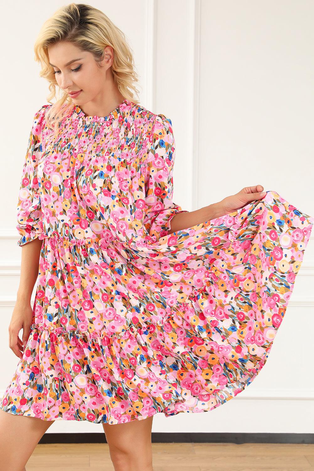 Elegante Bloemenjurk met Smokwerk - Floral Dresses - Jurkjes.co