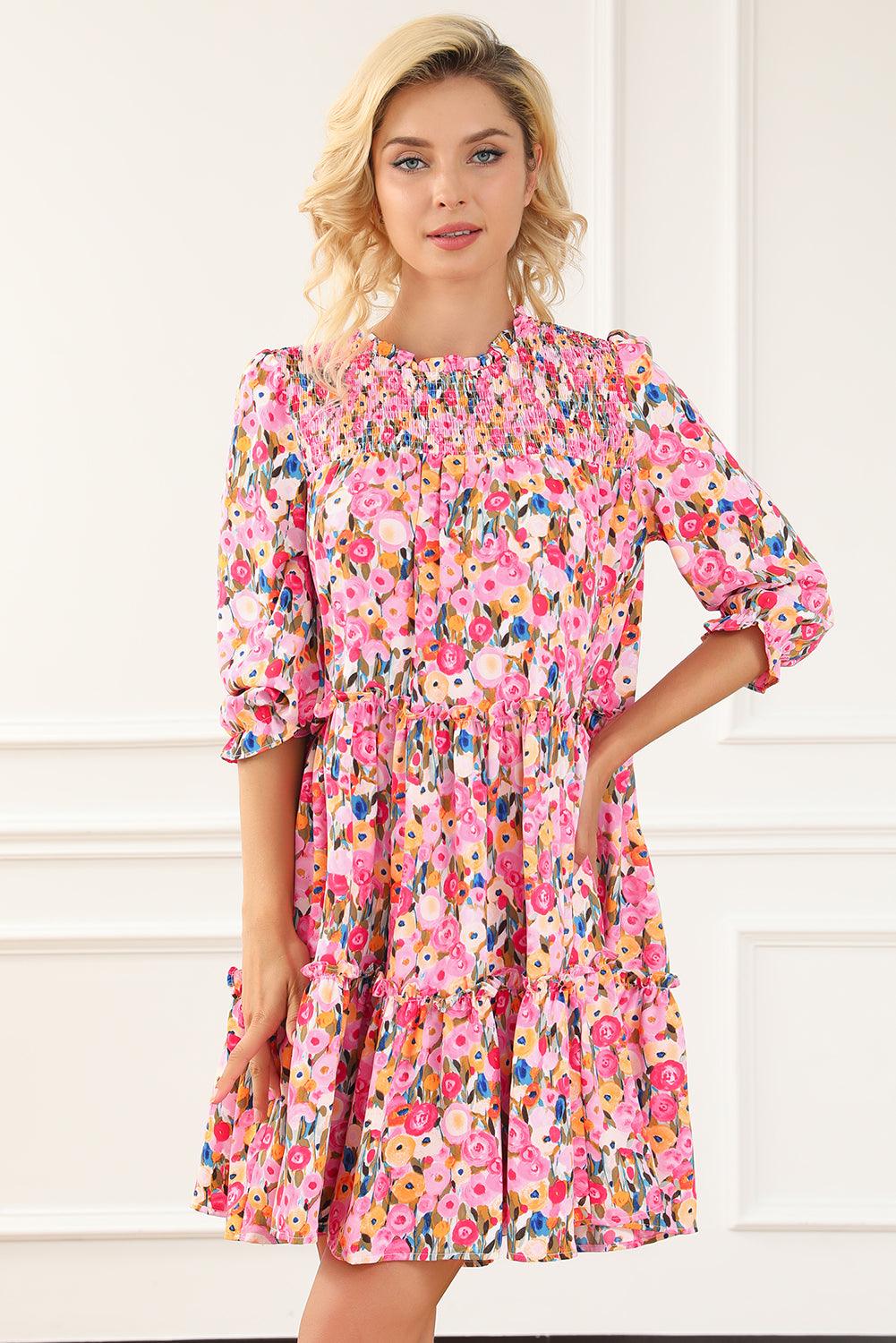 Elegante Bloemenjurk met Smokwerk - Floral Dresses - Jurkjes.co